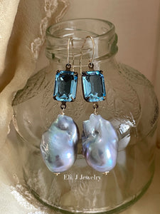 Belle: Vtg Aquamarine Glass Stones, Silver Baroque Pearls Earrings