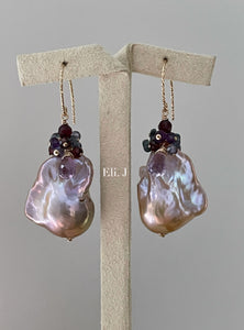 Purple-Peach Baroque Pearls, Garnet, Pink Amethyst 14kGF Earrings