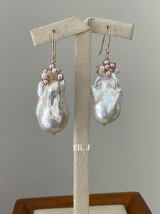 Large Ivory Baroque Pearls, Pink Opal & Baby Pearls 14kGF Earrings