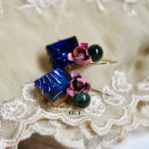 Vintage German Glass, Jade, Enamel Flowers 14kGF Earrings