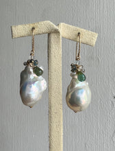 Load image into Gallery viewer, Ivory Baroque Pearls, Green Tourmaline, Aquamarine 14KGF Earrings