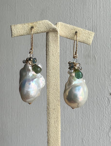 Ivory Baroque Pearls, Green Tourmaline, Aquamarine 14KGF Earrings