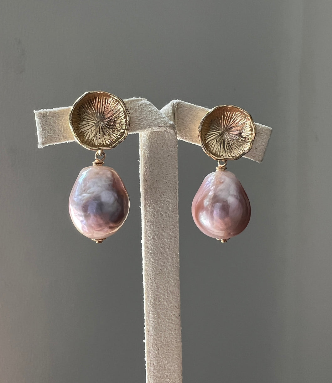 Large, Purple-Pink Edison Pearls on Lily Studs