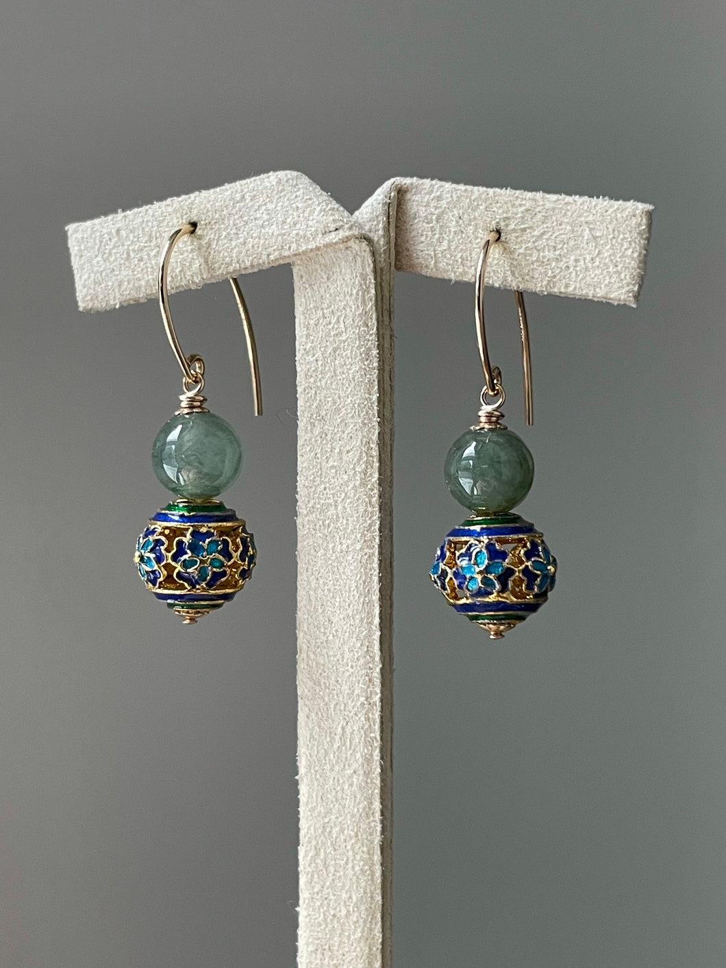 Icy Deep Green Jade & Cloisonne Lanterns 14kGF Earrings