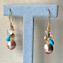 Load image into Gallery viewer, Golden Peach Edison Pearls, Turquoise, Golden Rutile, Gemstone 14kGF Earrings