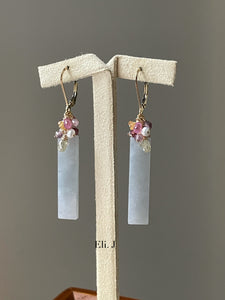 Lavender Jade Bars, Silver Diamonds, Sapphire, Spinel 14kGF Earrings