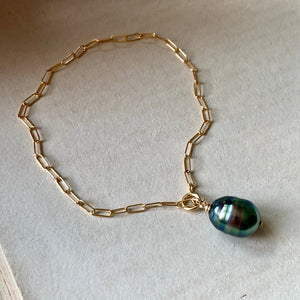 Rainbow- Peacock Oval Tahitian Pearl 14kGF Link Bracelet