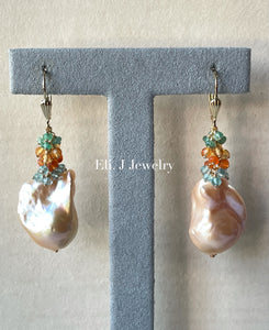 Summer 1: AAA Peach Baroque Pearls, Gemstones 14kGF Earrings