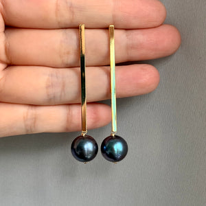 Blue-Lustre Peacock Pearls on Long Gold Bars