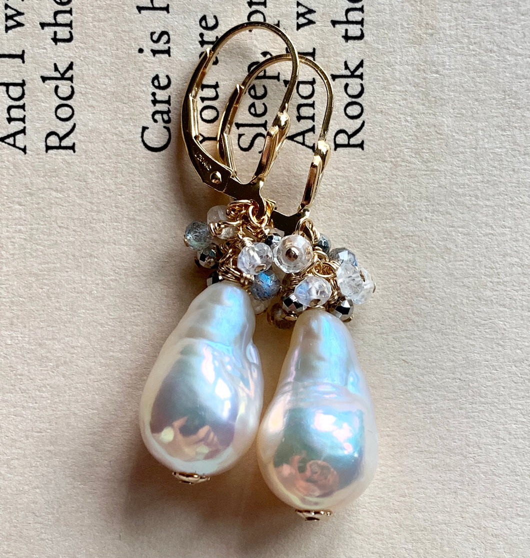 Classic White Pearls With Pyrite Labradorite Rainbow Moonstone 14k Gold Filled
