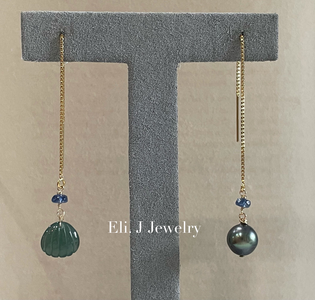 Exclusive to Eli. J: Mini Jade Shell, Tahitian Pearl & Kyanite Threader Earrings