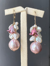 Load image into Gallery viewer, Peony: Pink Edison Pearls, Keshi Pearls &amp; Vtg Flowers 14kGF Earrings
