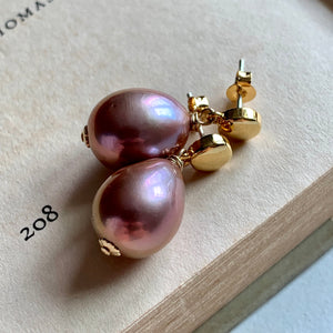Lavender Drop Edison Pearls on Gold Round Studs