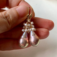 Load image into Gallery viewer, Larger AAA Pink-Rainbow Edison Drop Pearls &amp; White Gems 14kGF