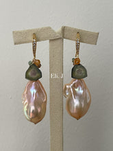 Load image into Gallery viewer, Peach Baroque Pearls Watermelon Tourmaline Mandarin Garnet 14kGF Earrings