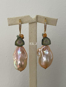 Peach Baroque Pearls Watermelon Tourmaline Mandarin Garnet 14kGF Earrings