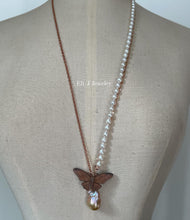 Load image into Gallery viewer, Freedom: Vintage Copper Butterfly, Gold-Rainbow Baroque Pearl, Ivory Pearl Necklace