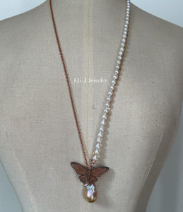 Freedom: Vintage Copper Butterfly, Gold-Rainbow Baroque Pearl, Ivory Pearl Necklace