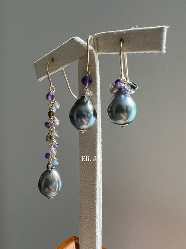 Silver-Peacock-Blue Tahitian Pearls, Amethyst & Gems Trio 14kGF Earrings