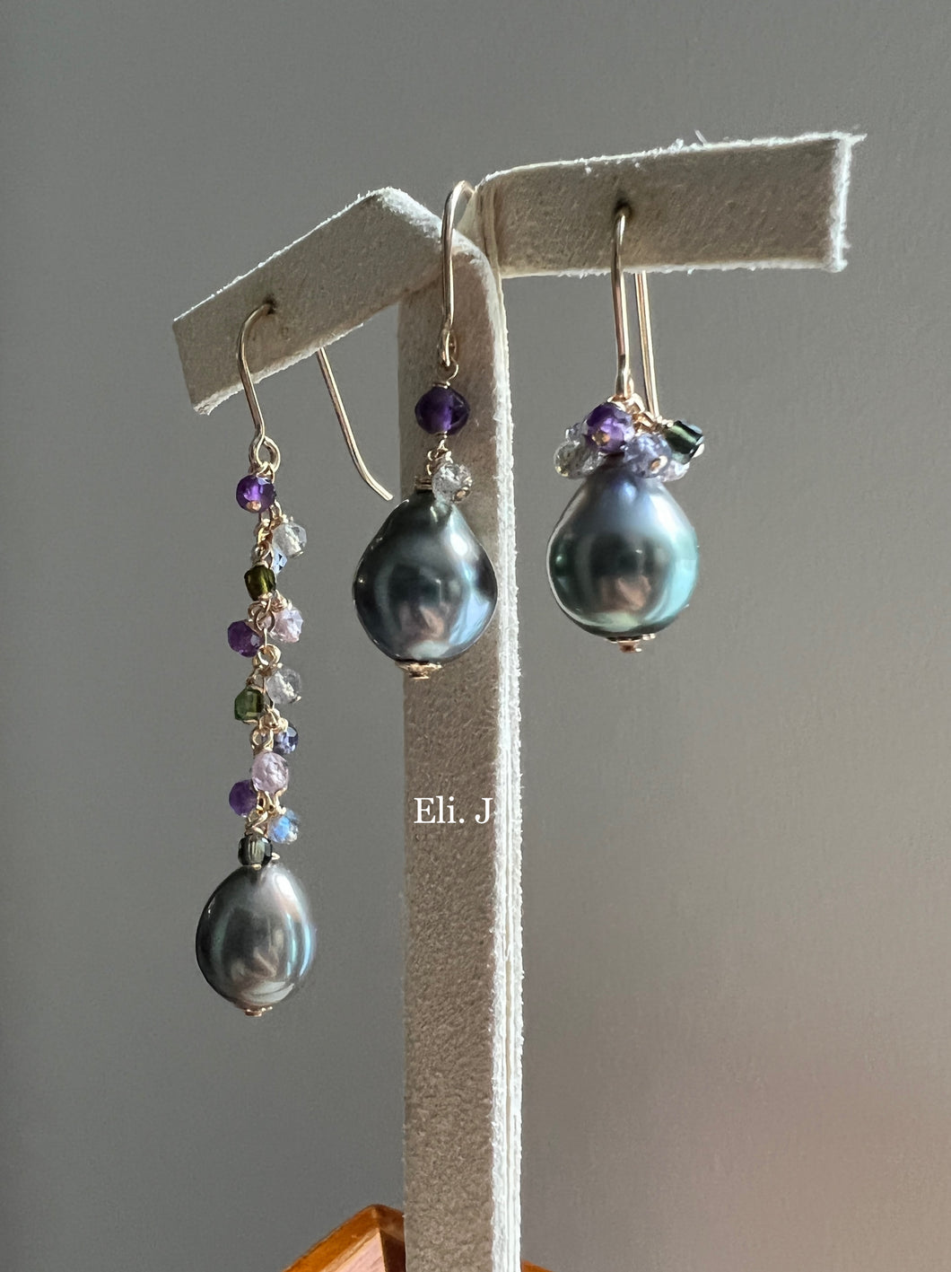 Silver-Peacock-Blue Tahitian Pearls, Amethyst & Gems Trio 14kGF Earrings