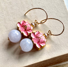 Load image into Gallery viewer, Pink Lotus Cloisonne, Lavender Jade 14kGF Earrings