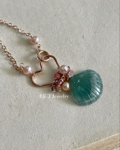 Eli. J Exclusive: Bluish-Green Jade Shell & RGF Heart Necklace