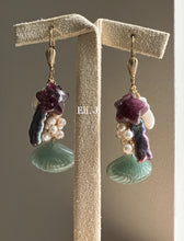 Load image into Gallery viewer, Ariel: Jadeite Shells, Ruby Stars, MOP, Pearls 14kGF Earrings