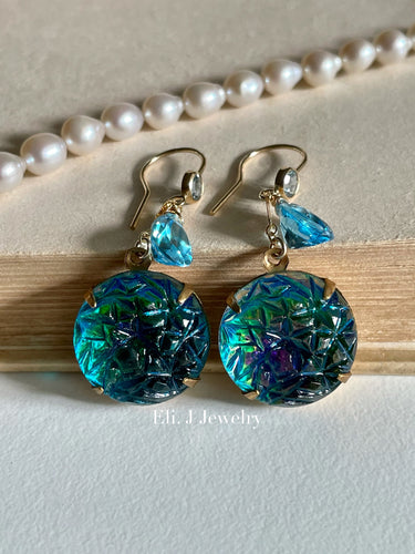 Oceana: Vintage German Glass Stones, Swiss Blue Topaz Earrings