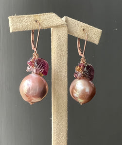 Purple-Cocoa Edison Pearls, Watermelon Tourmaline, Gems 14kRGF Earrings