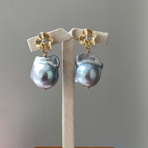 AAA Silver-Blue Baroque Pearls on Gold Floral Studs