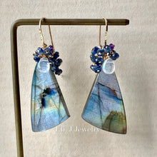 Load image into Gallery viewer, Big Bear &amp; Old Faithful at Yellowstone- Labradorite, Sapphire 14kGF Earrings