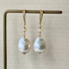 Load image into Gallery viewer, Rainbow Glow White Baroque Pearls, Opal 14kGF Earrings