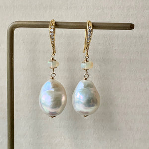 Rainbow Glow White Baroque Pearls, Opal 14kGF Earrings