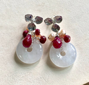 Icy White Jade with Rubies & Pearls