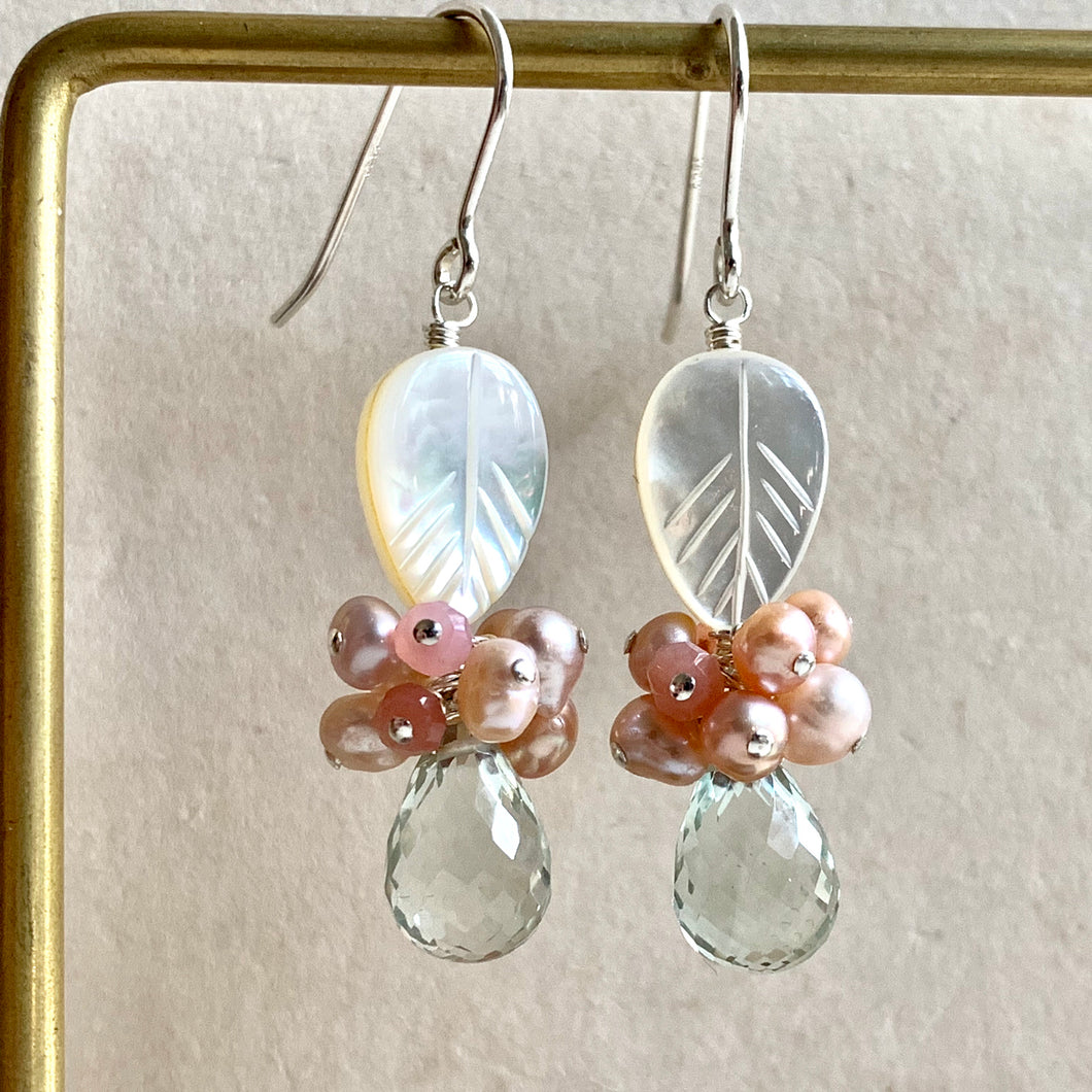 Mother of Pearl, Pink Gems & Green Amethyst Sterling Silver Earrings