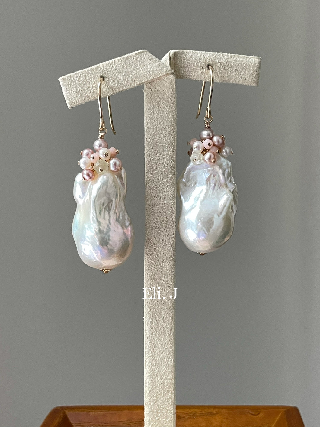 Large Ivory Baroque Pearls, Pink Opal & Baby Pearls 14kGF Earrings