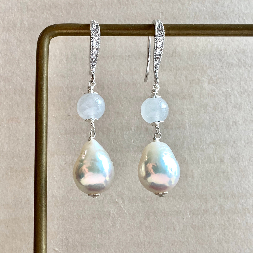 Type A Icy Jade & White Edison Pearls Silver Earrings