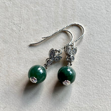 Load image into Gallery viewer, Deep Green Jade &amp; Silver Bees 925 Earrings