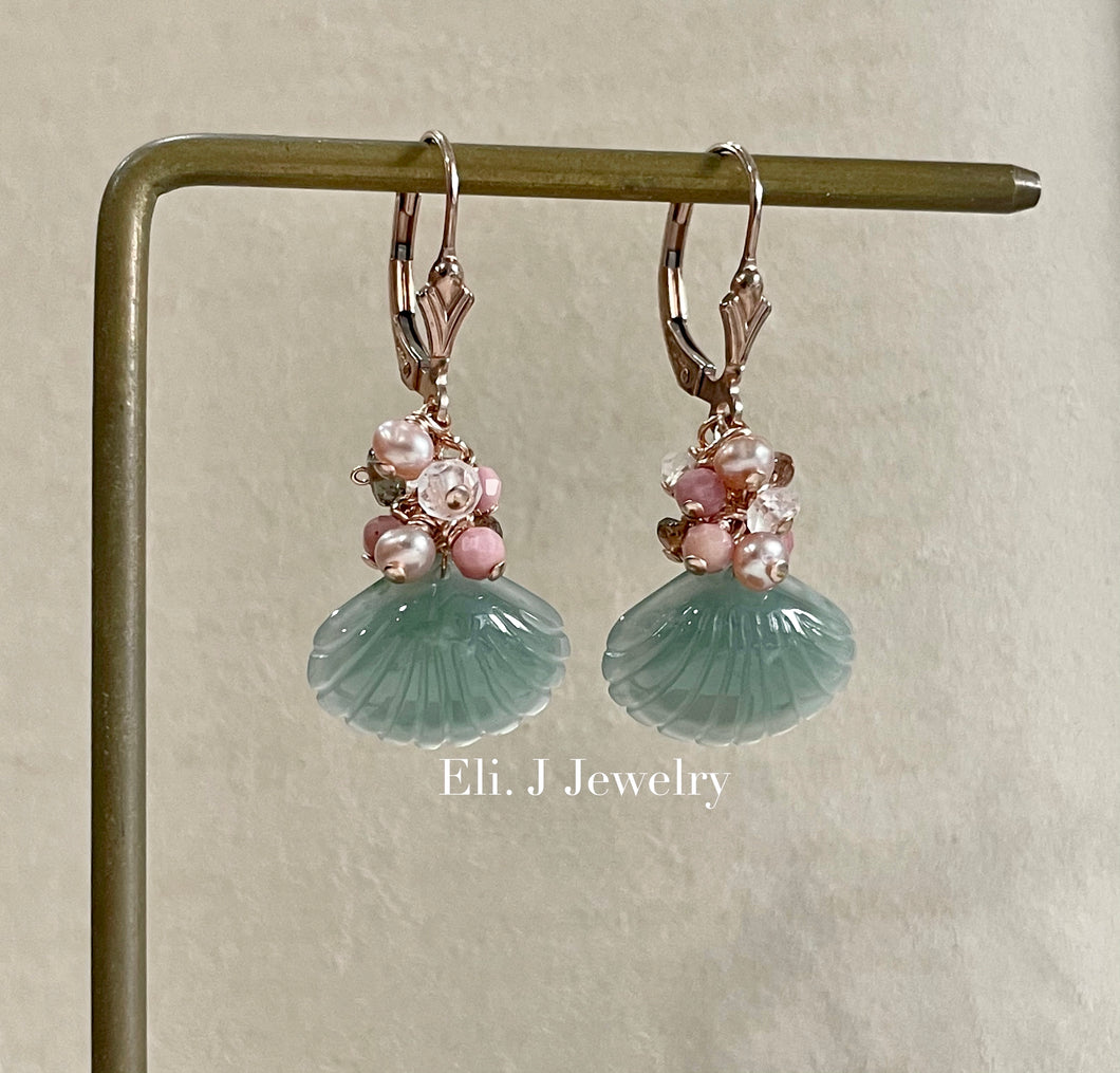 Exclusive to Eli. J: Bluish-Green Jade Shells & Pink Gemstones