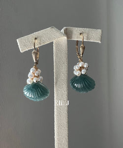 Exclusive Bluish-Green Jade Shells & Pearls 14kGF Earrings
