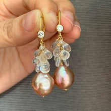 Load image into Gallery viewer, Peach-Pink Edison Pearls Rose Quartz Rainbow Moonstone 14k GF Earrings
