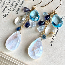 Load image into Gallery viewer, Clouds- Sky Blue Topaz, Rainbow Moonstone, Sapphire 14k Gold Filled Earrings