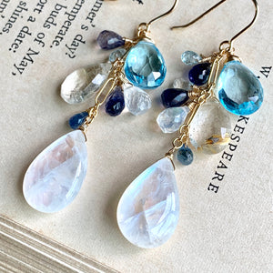 Clouds- Sky Blue Topaz, Rainbow Moonstone, Sapphire 14k Gold Filled Earrings
