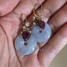 Load image into Gallery viewer, Large Bluish Lavender Jade Donuts, Watermelon Tourmaline Leaves, Pearls, Labradorite 14kGF Earrings