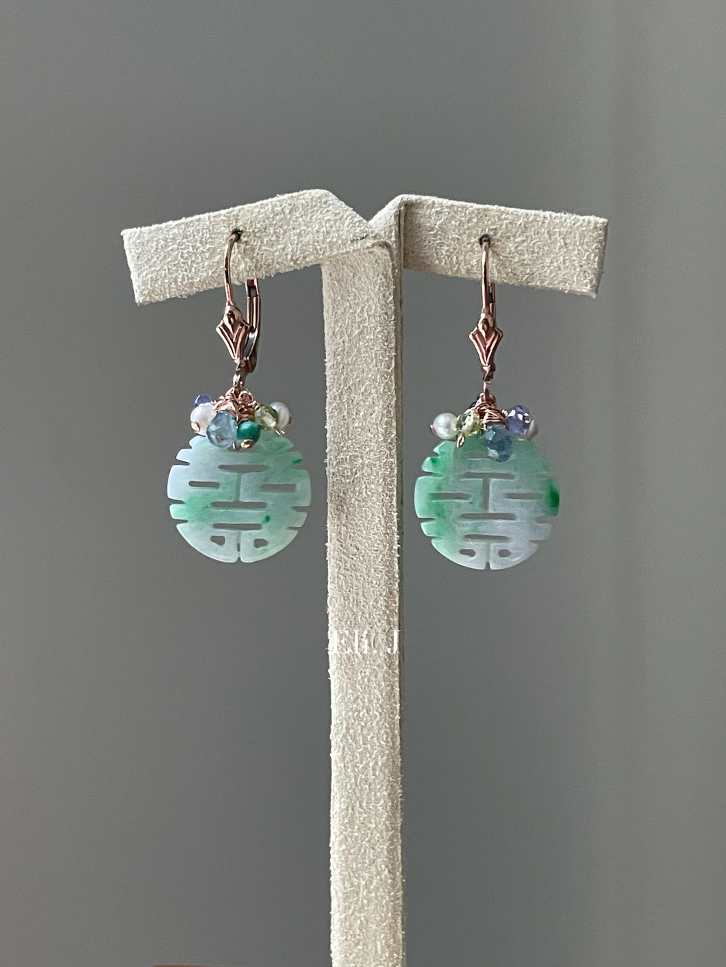 Mint Green 喜喜 Double Happiness Jade & Gems 14kRGF Earrings