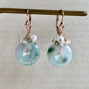 Floral Jade Donuts, Pearls, Kyanite on 14kRGF Earrings