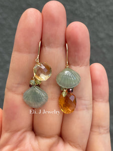 Exclusive to Eli. J: Green-Yellow Jade Shells, Citrine & Gems Earrings
