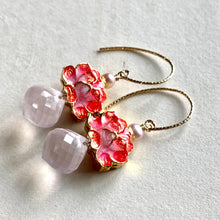 Load image into Gallery viewer, Coral Lotus Cloisonne &amp; Rose Quartz 14kGF Earrings