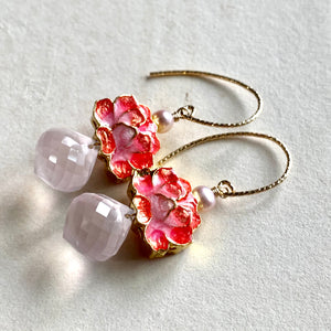 Coral Lotus Cloisonne & Rose Quartz 14kGF Earrings