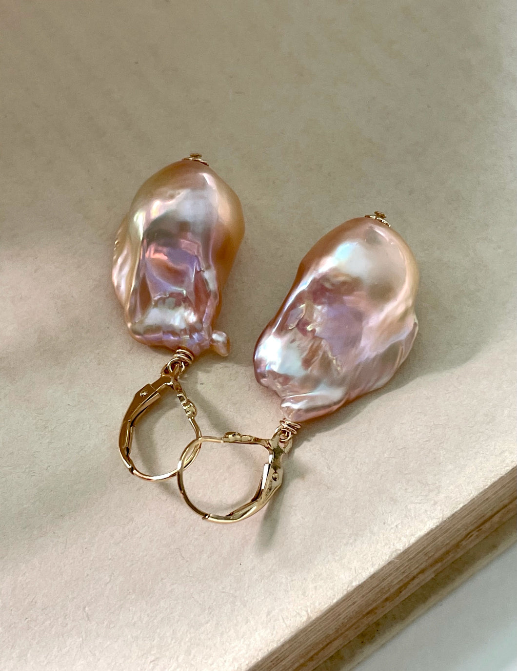 Rainbow-Peach Baroque Pearl Earrings 14kGF